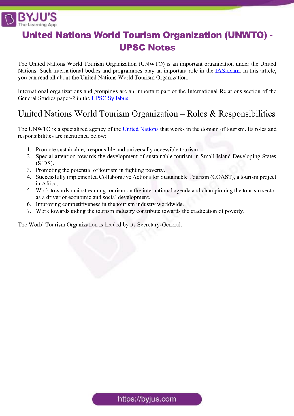 United Nations World Tourism Organization (UNWTO) - UPSC Notes