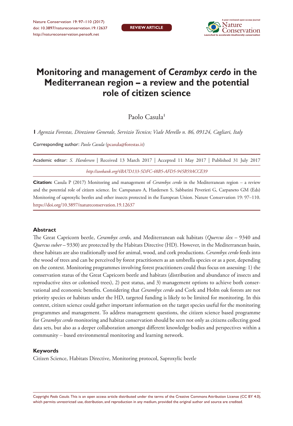 Monitoring and Management of Cerambyx Cerdo in the Mediterranean Region – a Review and the Potential Role of Citizen Science