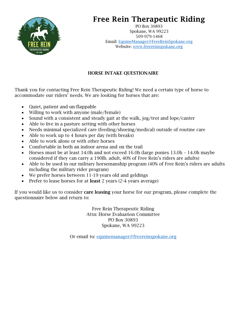 Free Rein Horse Intake Questionaire Sept2019