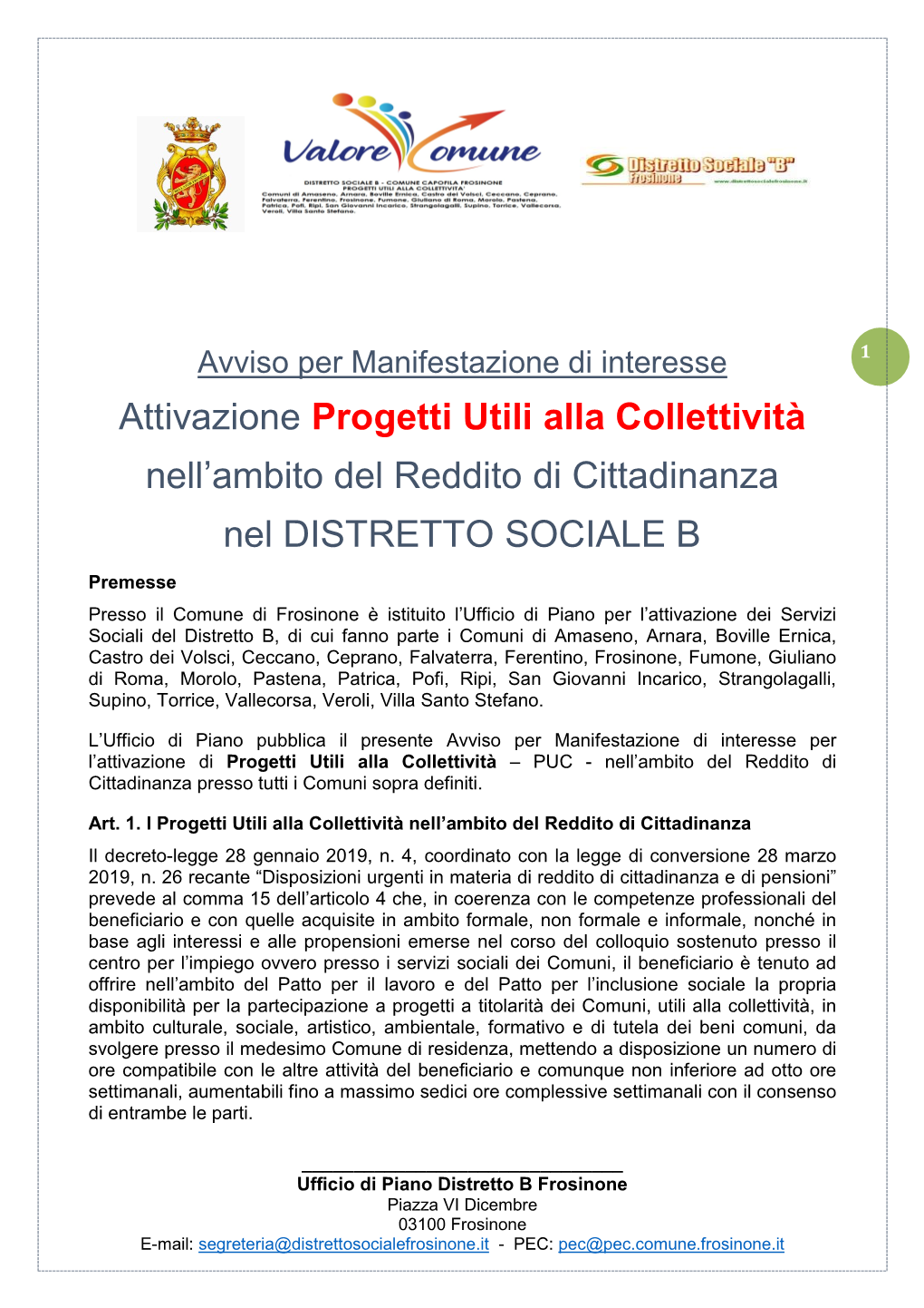 Attivazione Progetti Utili Alla Collettività Nell'ambito Del Reddito Di Cittadinanza Nel DISTRETTO SOCIALE B