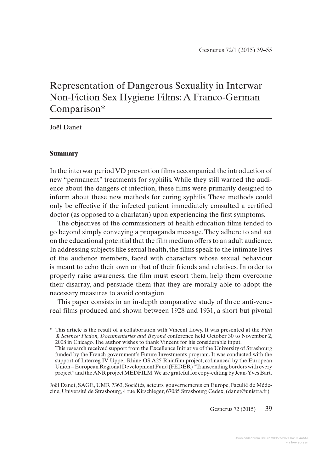 Downloaded from Brill.Com09/27/2021 04:07:44AM Via Free Access Period in the Development of Continental European Syphilis Prevention Films