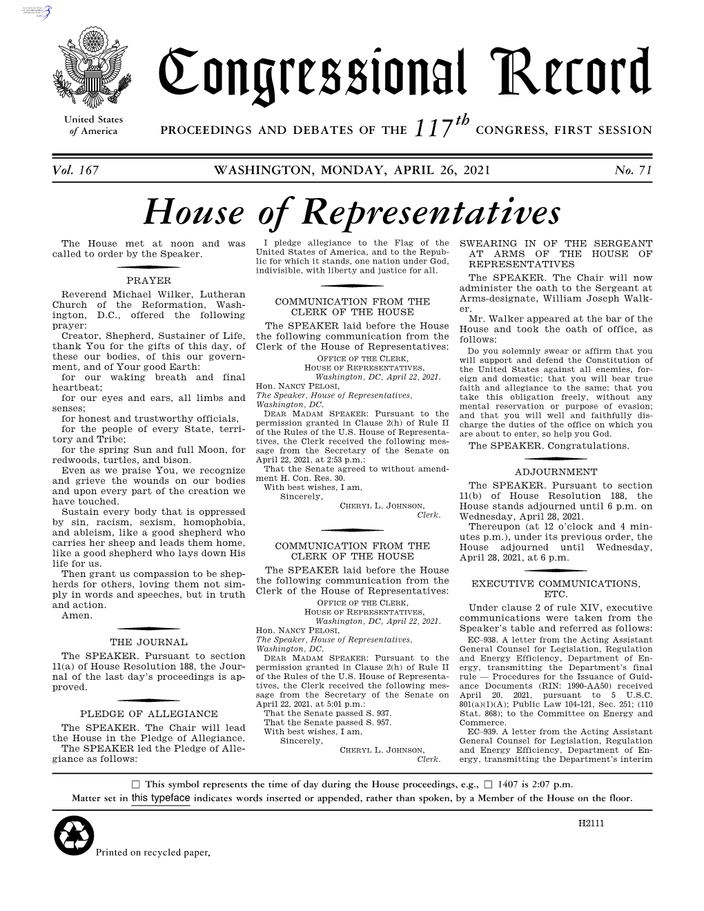 Congressional Record United States Th of America PROCEEDINGS and DEBATES of the 117 CONGRESS, FIRST SESSION