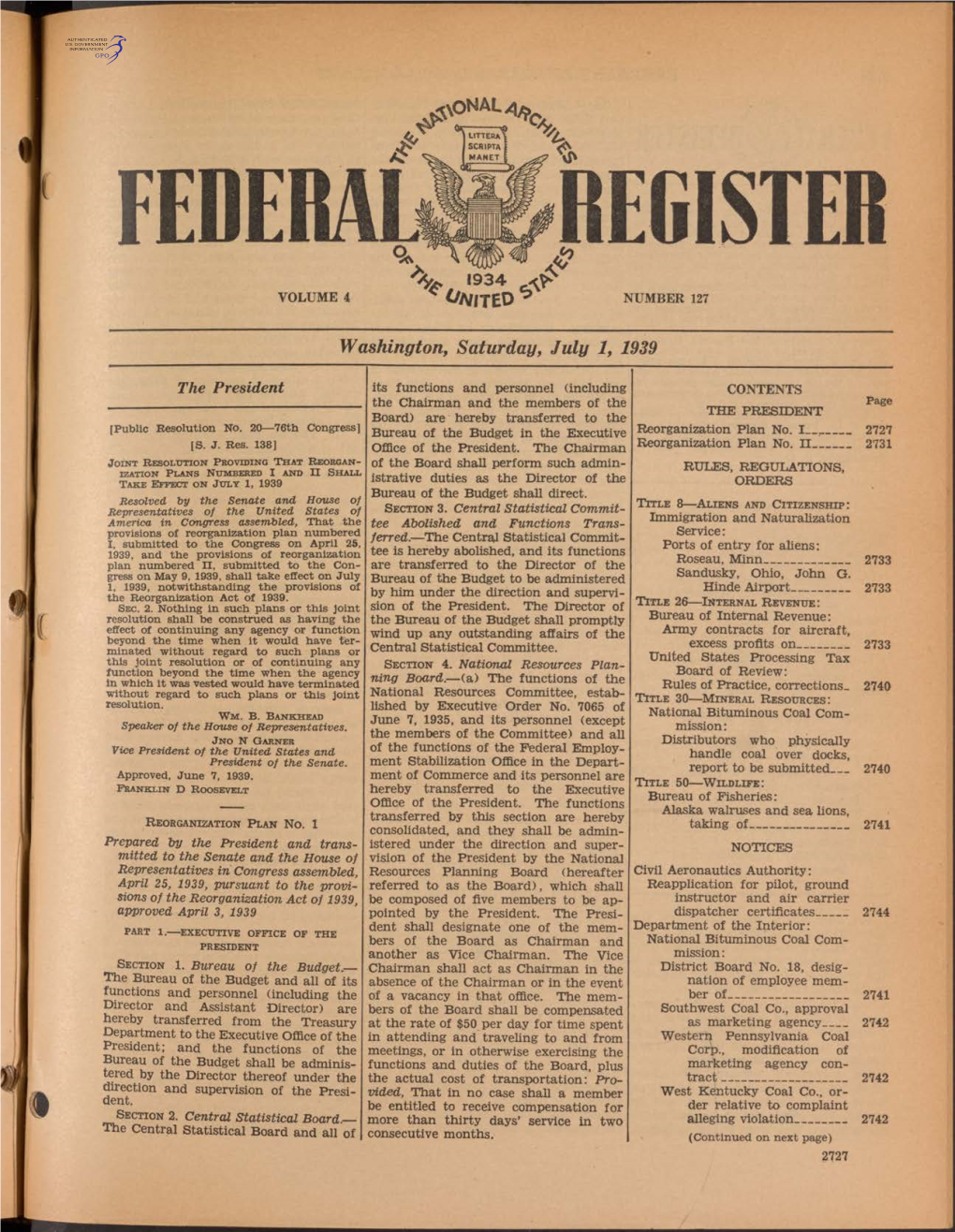 FEDERAL REGISTER \ 1934 VOLUME 4 ■ Íflyiteo ^ NUMBER 127