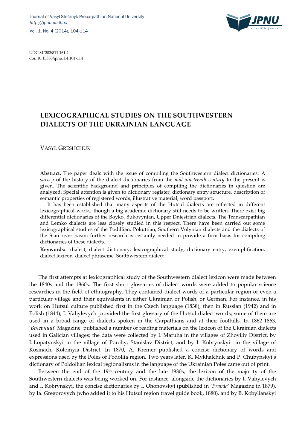 Lexicographical Studies on the Southwestern Dialects of the Ukrainian Language.Pdf