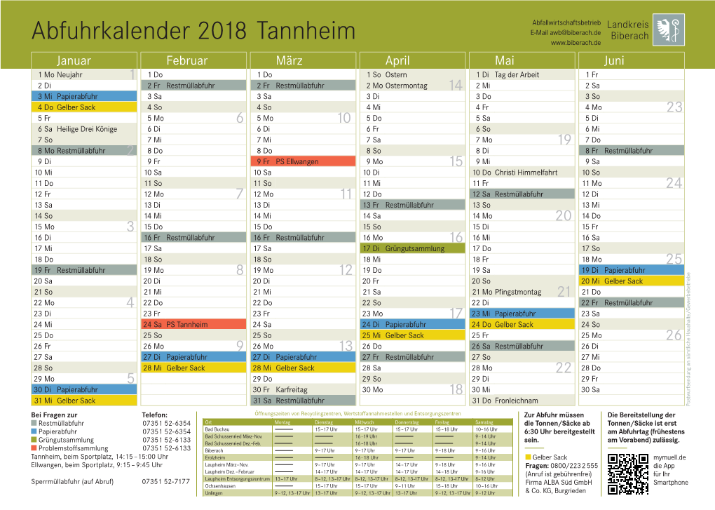 Abfuhrkalender 2018 Tannheim