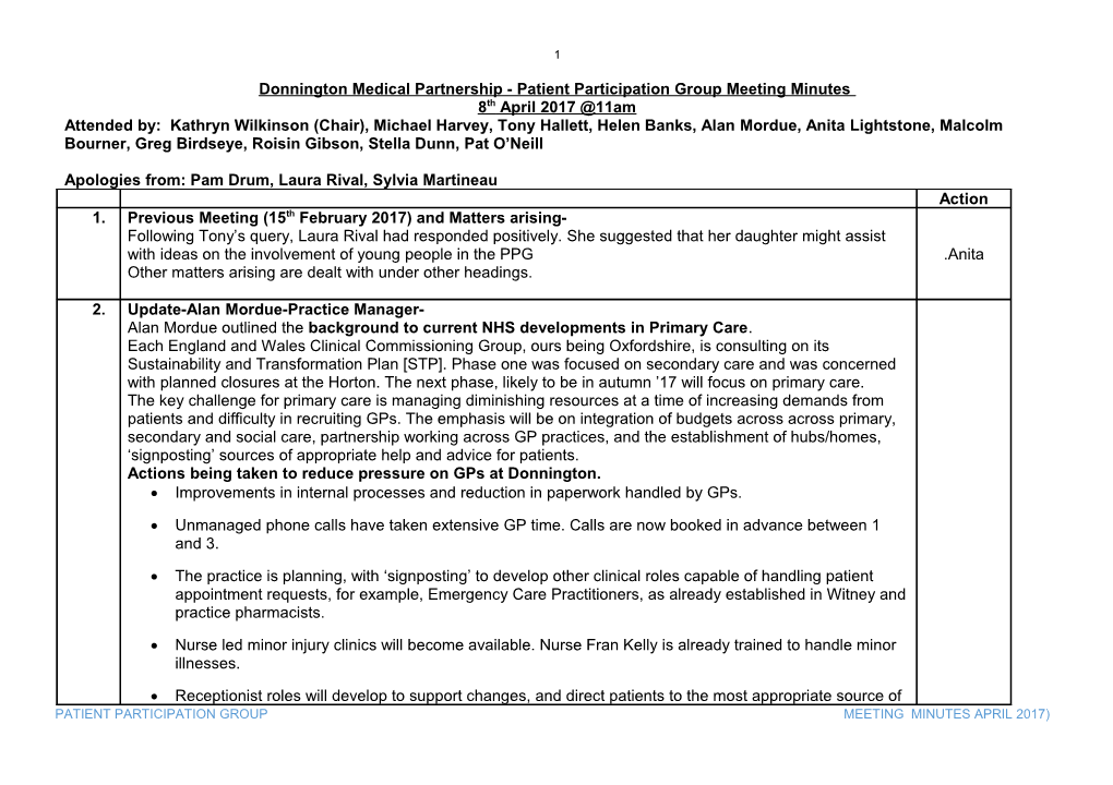 Donnington Medical Partnership - Patient Participation Group Meeting Minutes