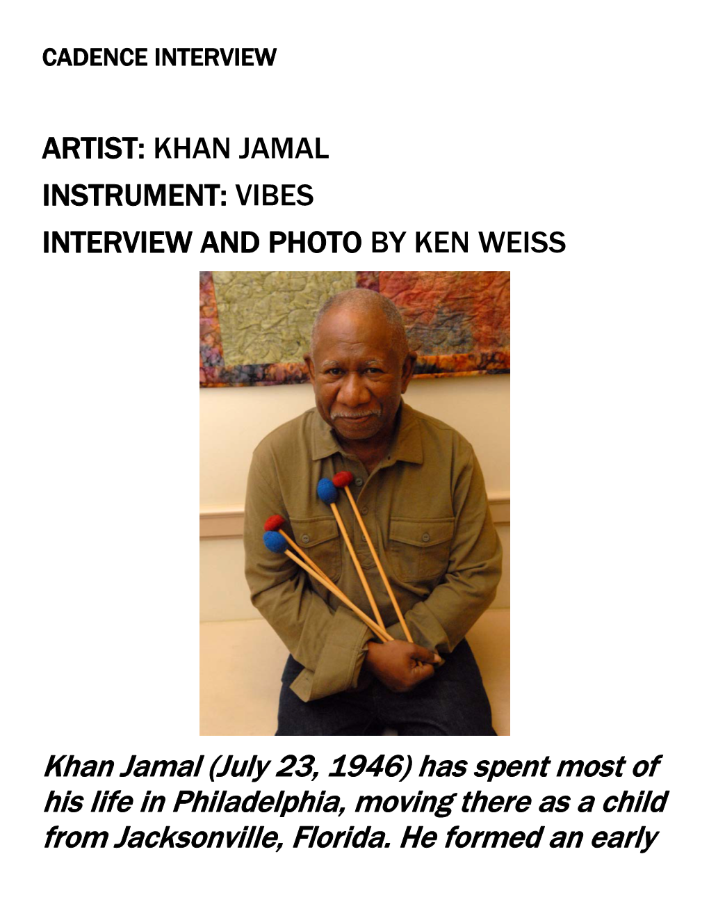 Khan Jamal Instrument: Vibes Interview and Photo by Ken Weiss