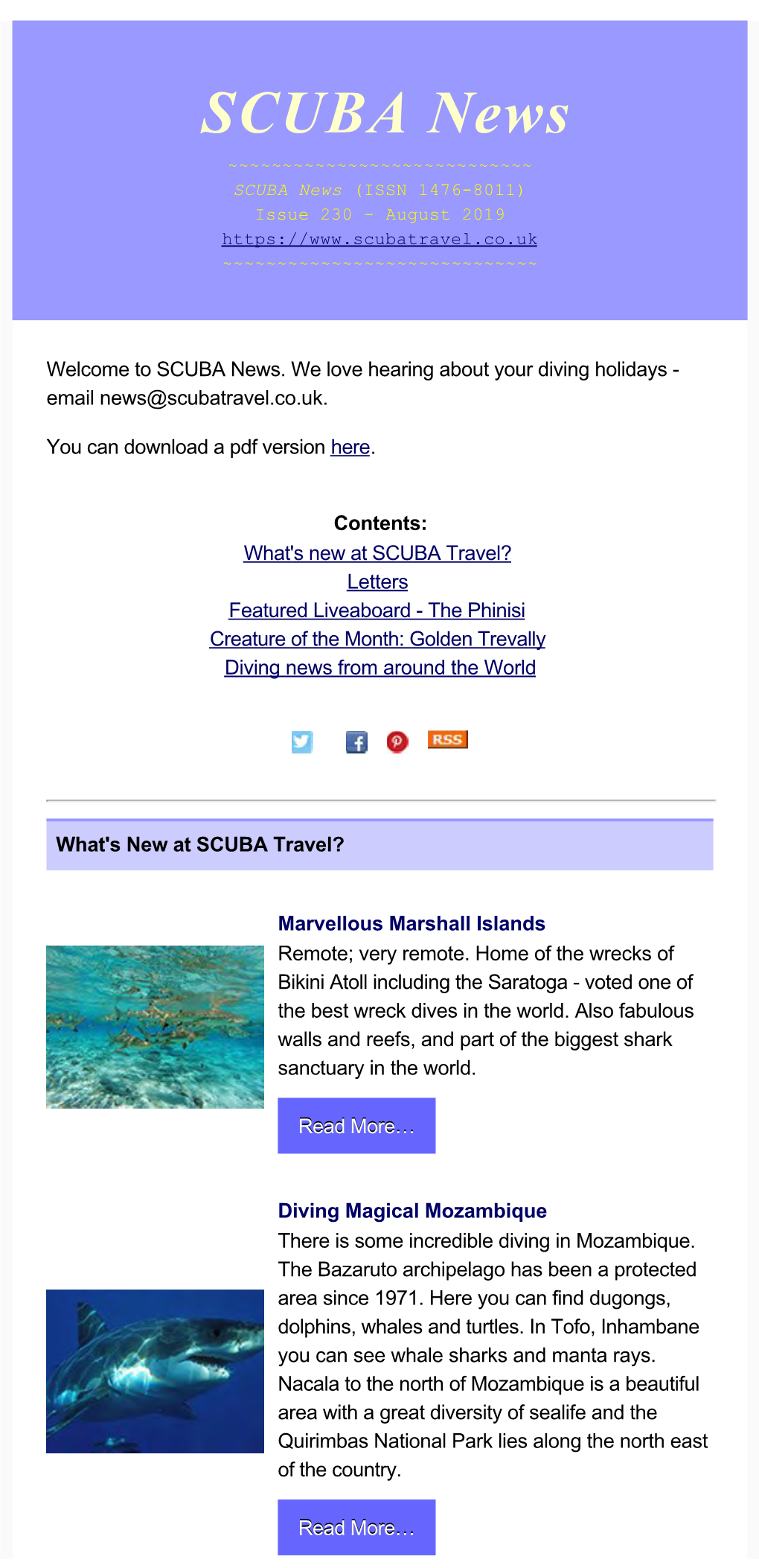 SCUBA News ~~~~~~~~~~~~~~~~~~~~~~~~~~~~ SCUBA News (ISSN 1476­8011) Issue 230 ­ August 2019 ~~~~~~~~~~~~~~~~~~~~~~~~~~~~~