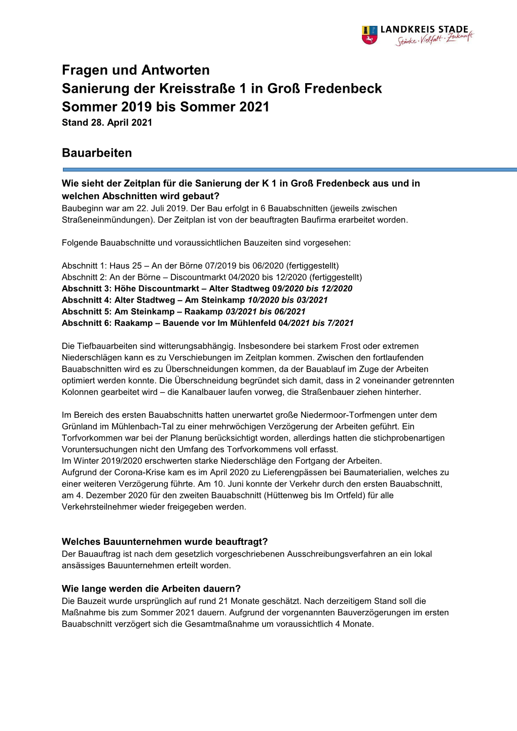 Fragen Und Antworten Sanierung Der Kreisstraße 1 in Groß Fredenbeck Sommer 2019 Bis Sommer 2021 Stand 28