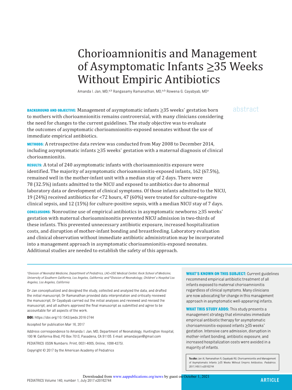 Chorioamnionitis and Management of Asymptomatic Infants ≥35 Weeks Without Empiric Antibiotics