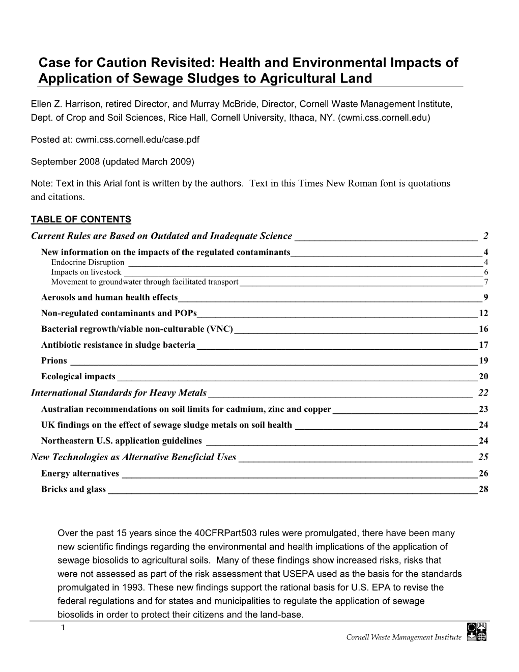 Health and Environmental Impacts of Application of Sewage Sludges to Agricultural Land