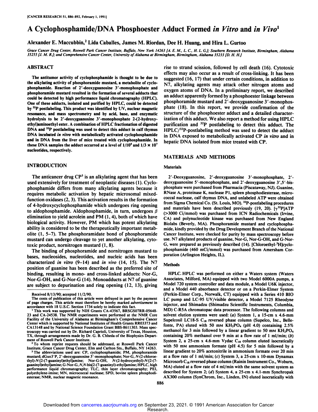 A Cyclophosphamide/DNA Phosphoester Adduct Formed in Vitro and in Vivo1