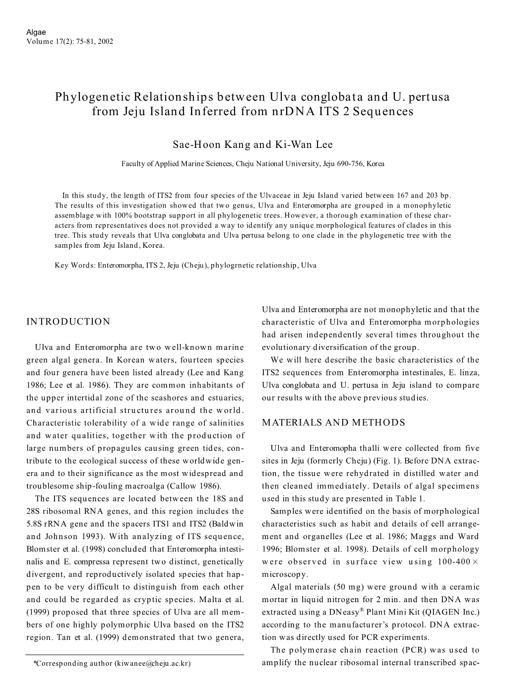 Phylogenetic Relationships Between Ulva Conglobata and U. Pertusa from Jeju Island Inferred from Nrdna ITS 2 Sequences