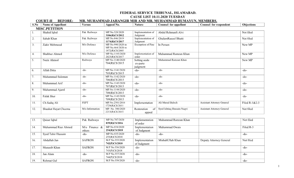 Federal Service Tribunal, Islamabad. Cause List 10.11.2020 Tuesday Court-Ii Before: Mr