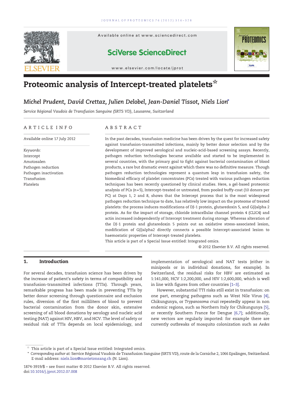 Proteomic Analysis of Intercept-Treated Platelets