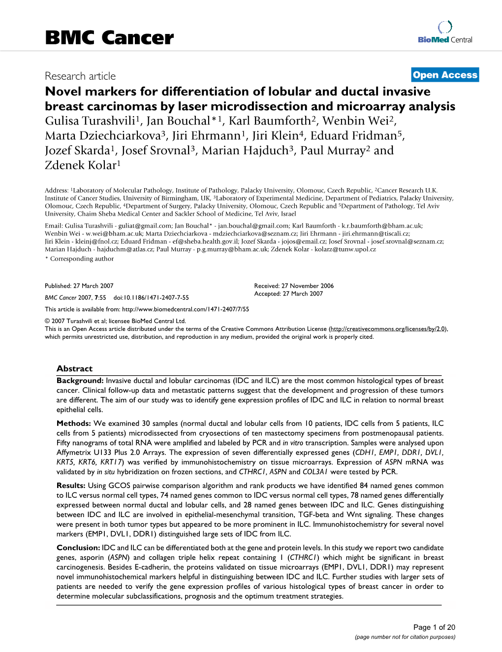 Novel Markers for Differentiation of Lobular and Ductal Invasive Breast