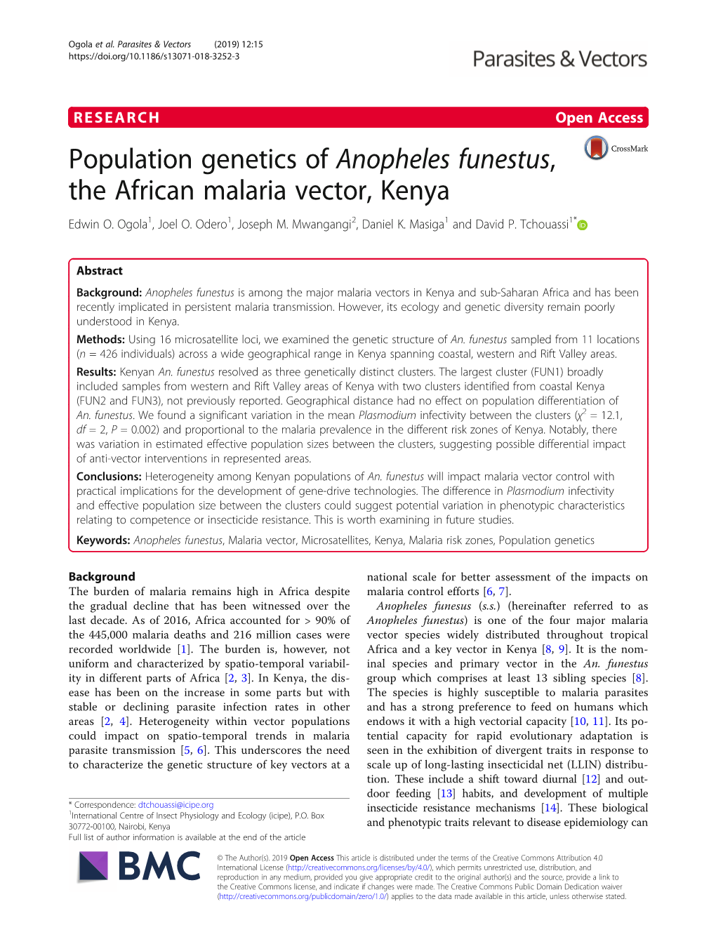 Population Genetics of Anopheles Funestus, the African Malaria Vector, Kenya Edwin O