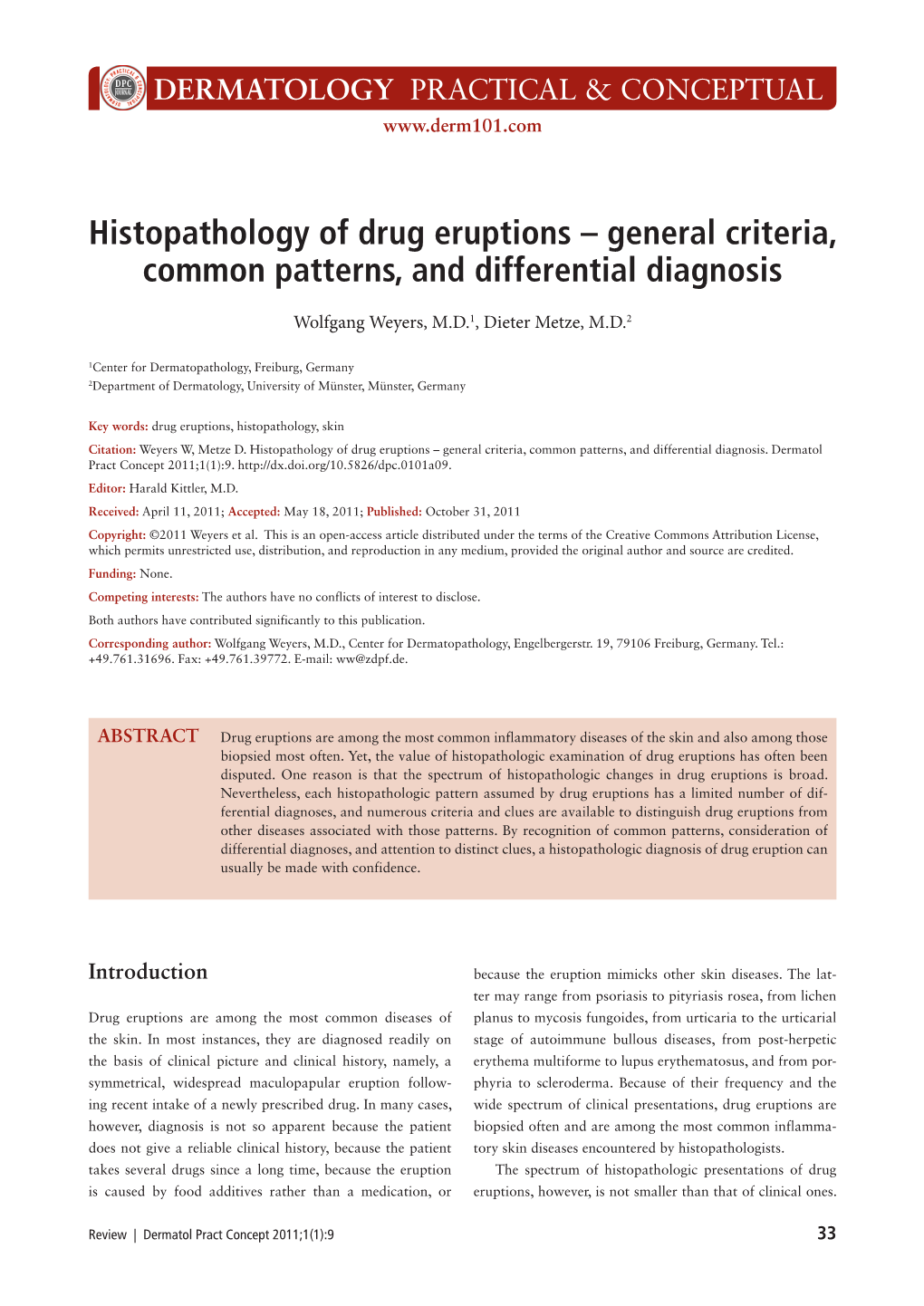 Histopathology of Drug Eruptions – General Criteria, Common Patterns, and Differential Diagnosis