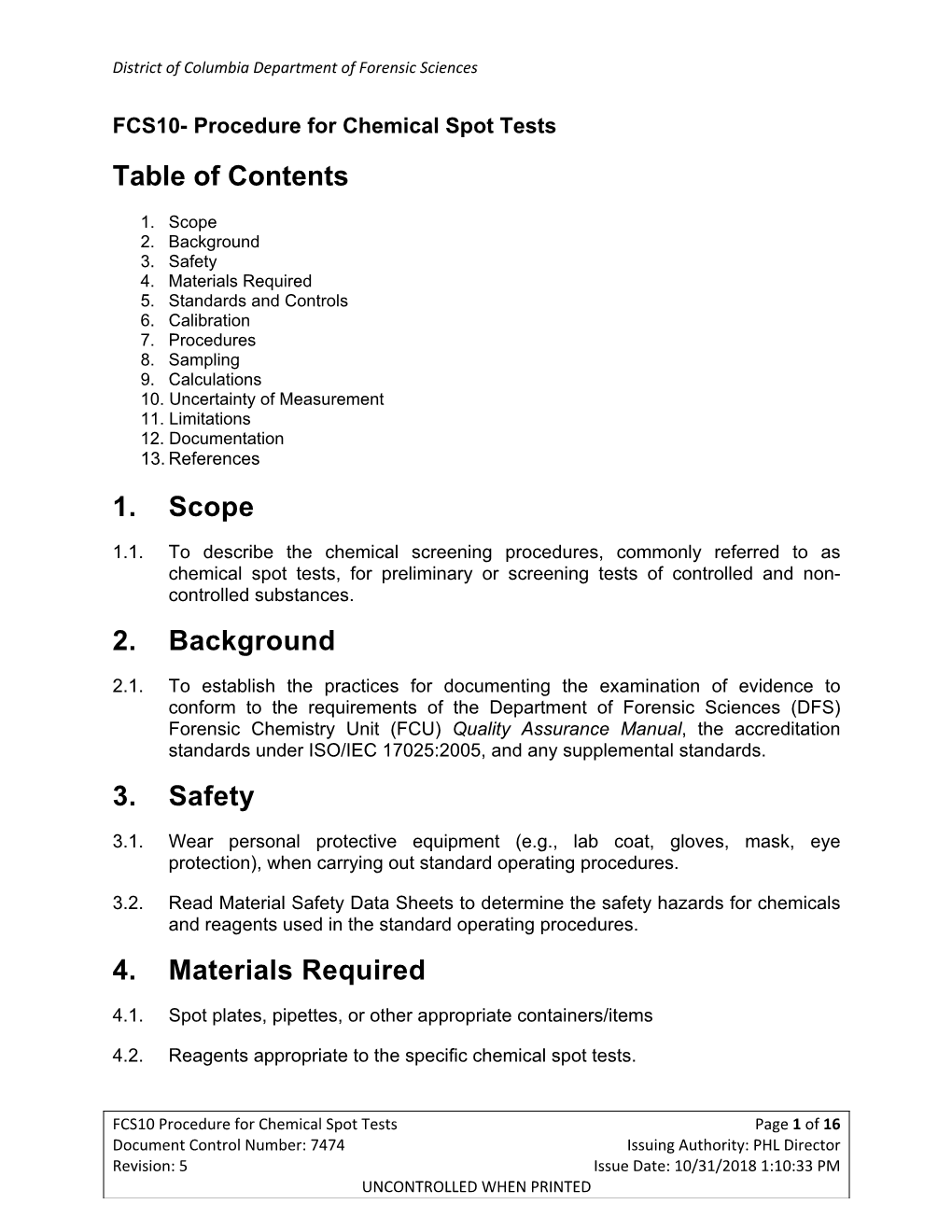 Table of Contents 1. Scope 2. Background 3. Safety 4. Materials