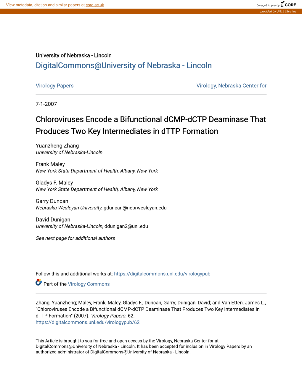 Chloroviruses Encode a Bifunctional Dcmp-Dctp Deaminase That Produces Two Key Intermediates in Dttp Formation