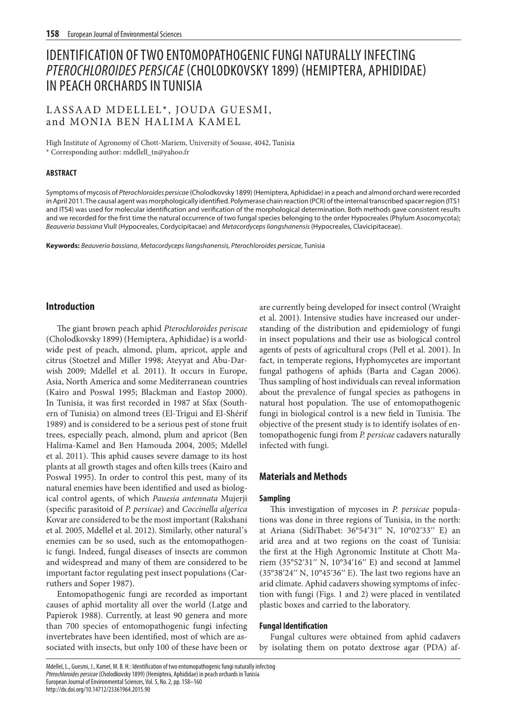 Identification of Two Entomopathogenic Fungi Naturally Infecting Pterochloroides Persicae (Cholodkovsky 1899) (Hemiptera, Aphididae) in Peach Orchards in Tunisia