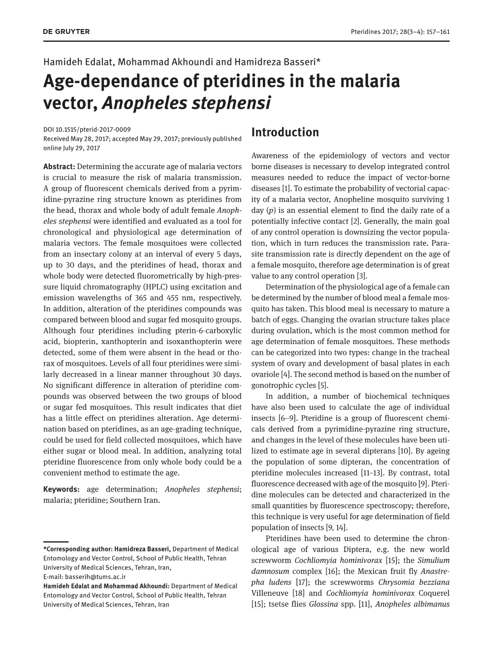 Age-Dependance of Pteridines in the Malaria Vector, Anopheles Stephensi