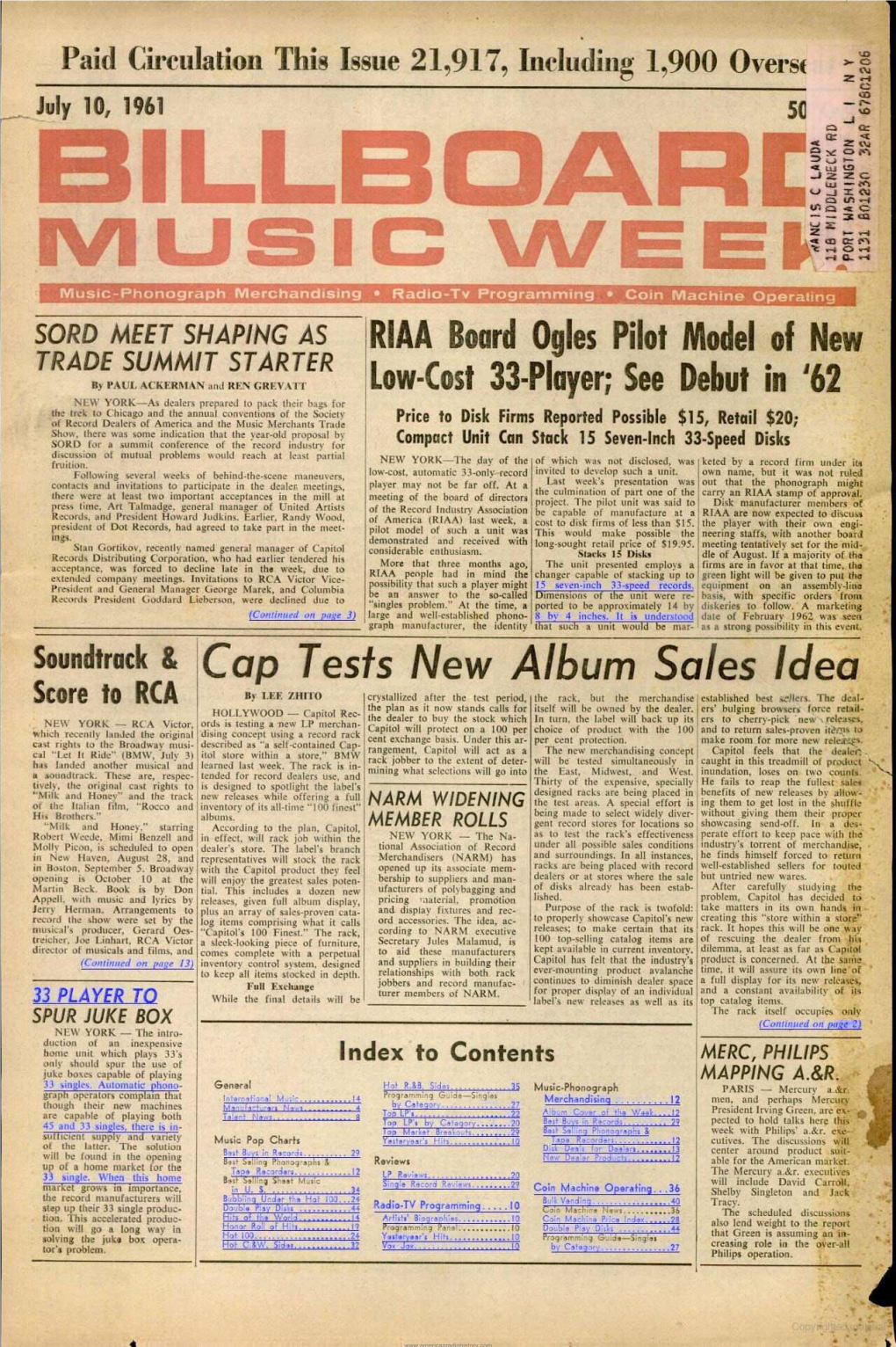July 10, 1961 50 P BI LLBDARE..Ix S-- .-! Nnusic Oro.I 01 Music- Phonograph Merchandising Radio -Tv Programmingwe= Coin M