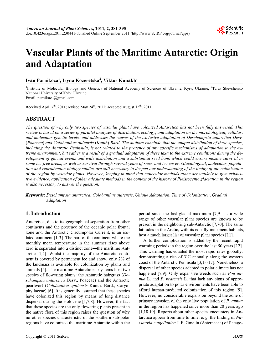 Vascular Plants of the Maritime Antarctic: Origin and Adaptation