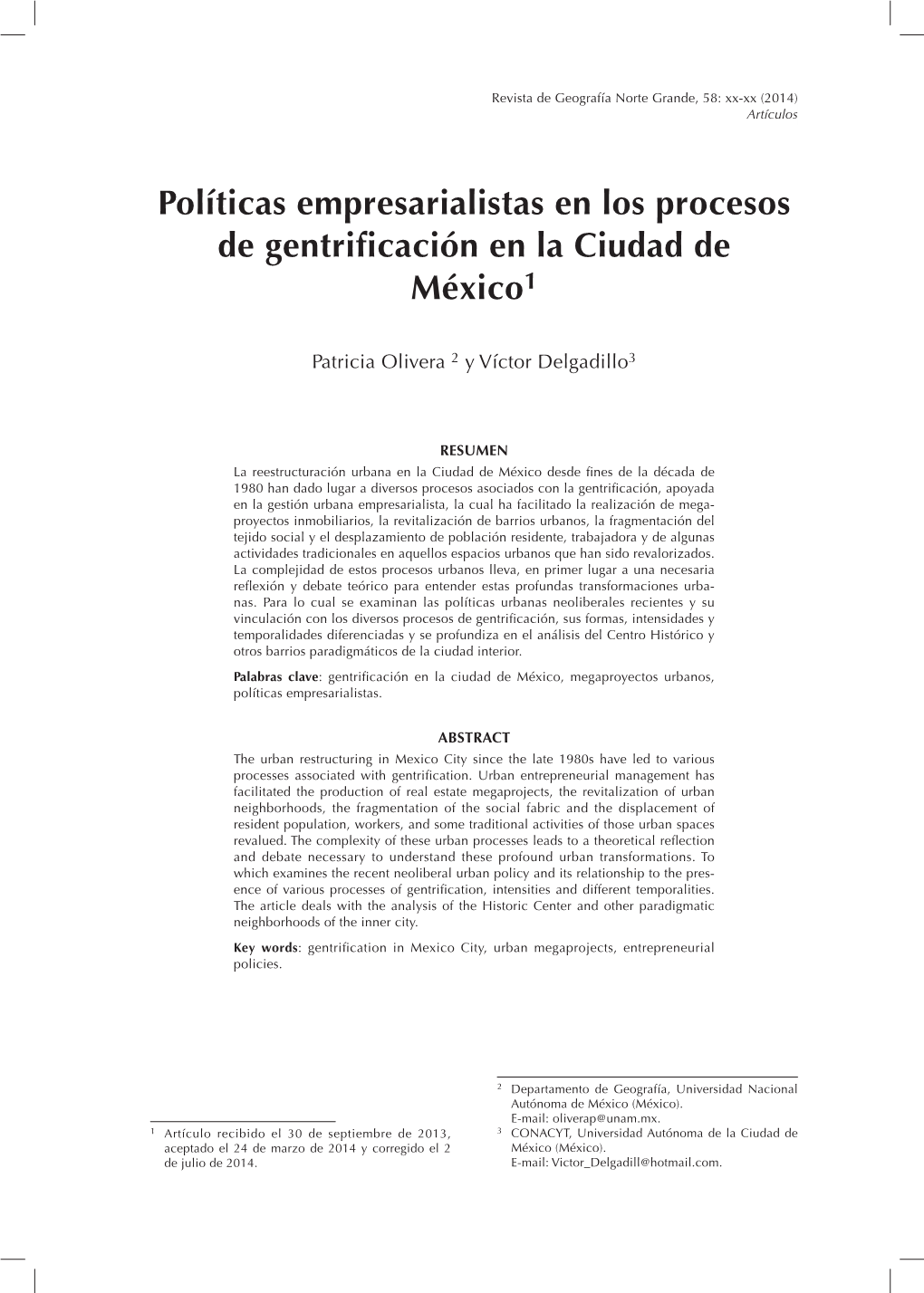 Políticas Empresarialistas En Los Procesos De Gentriﬁ Cación En La Ciudad De México1