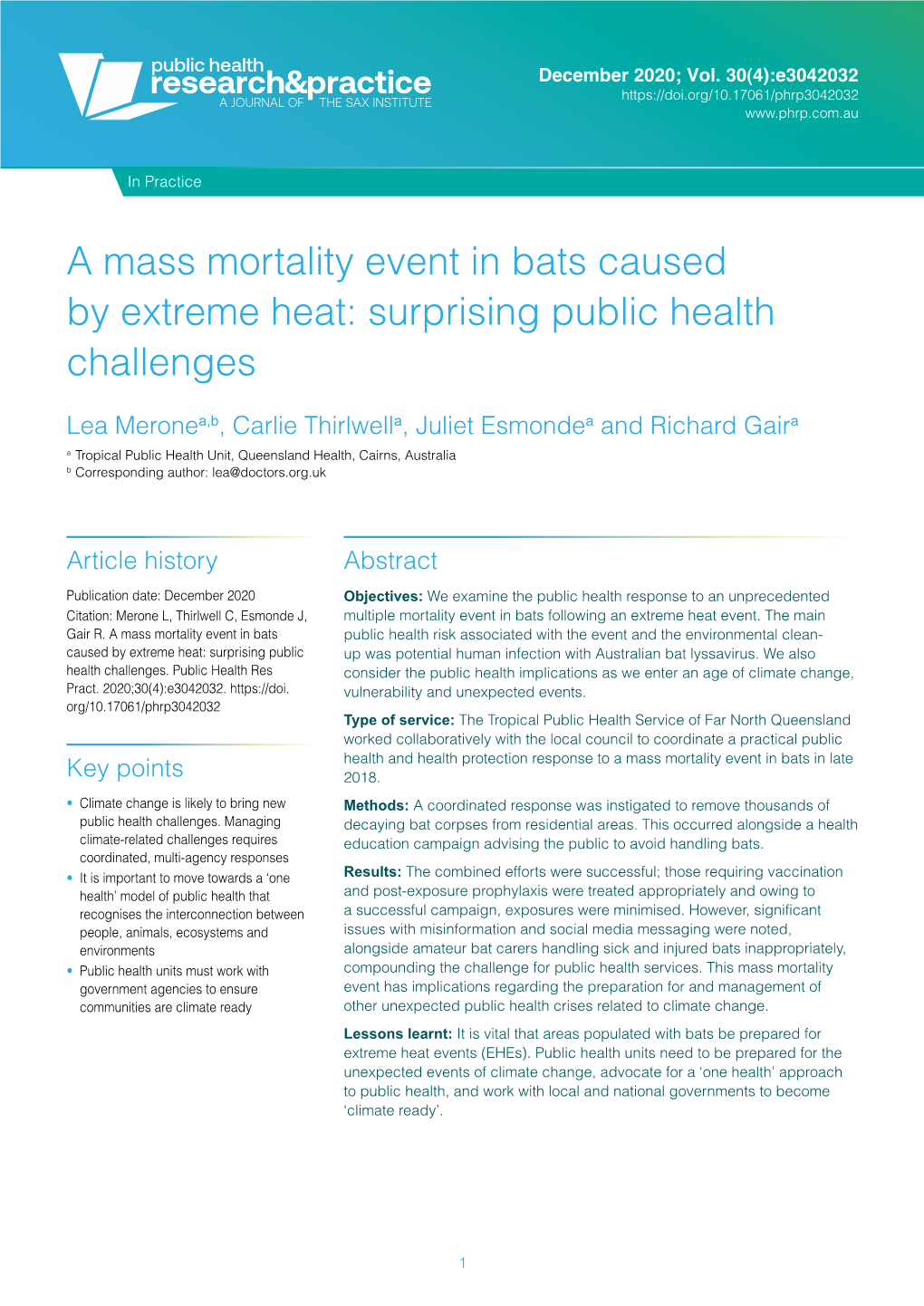 A Mass Mortality Event in Bats Caused by Extreme Heat: Surprising Public Health Challenges