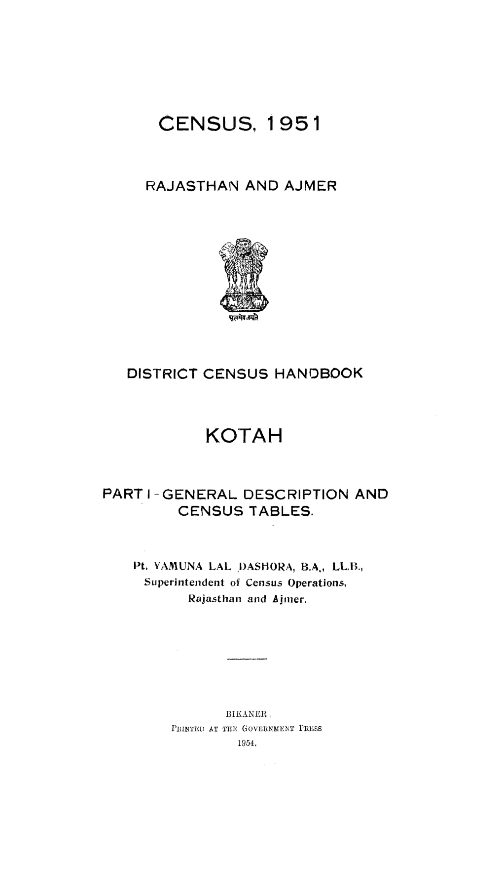 District Census Handbook, 23-Kotah, Part I, Rajasthan and Ajmer