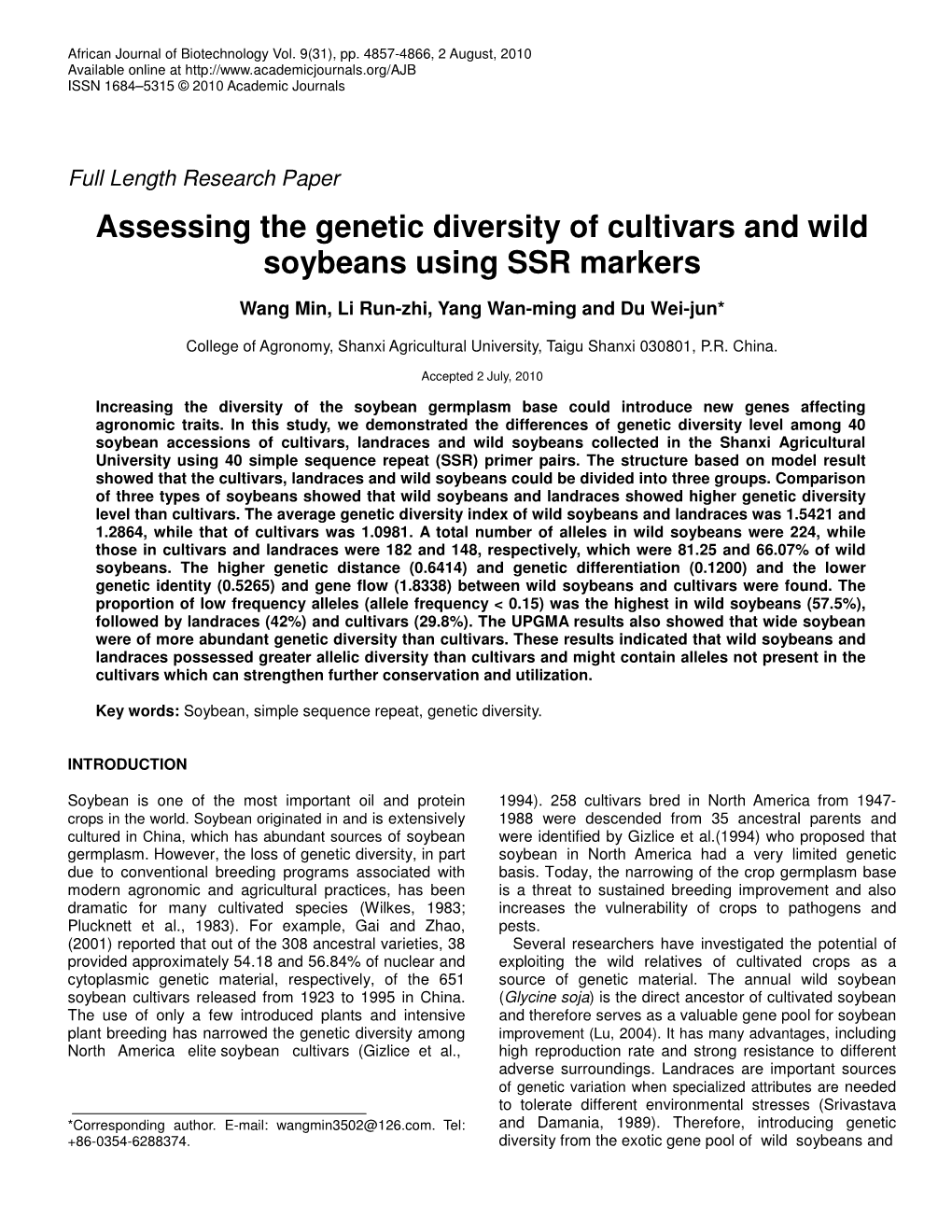 Assessing the Genetic Diversity of Cultivars and Wild Soybeans Using SSR Markers