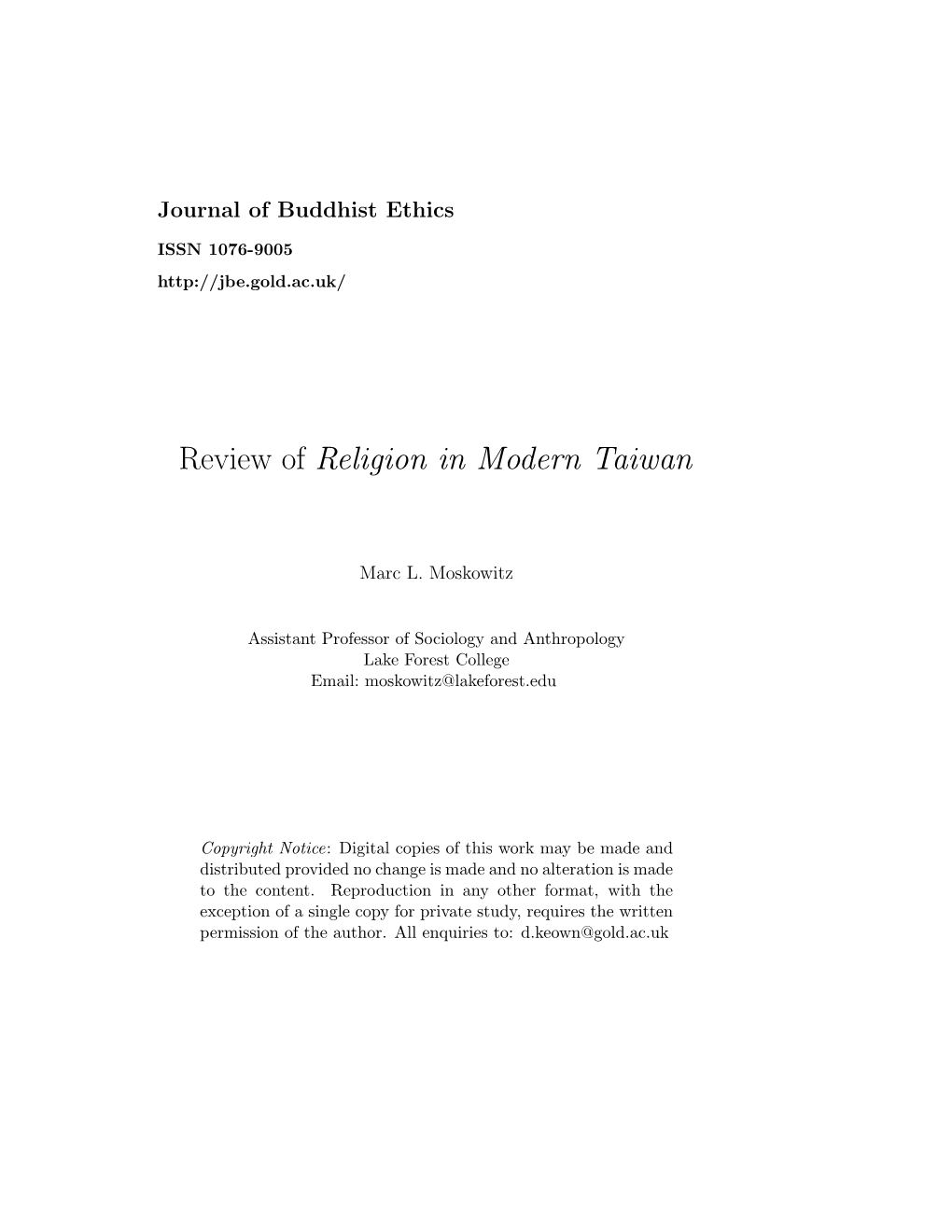 Review of Religion in Modern Taiwan