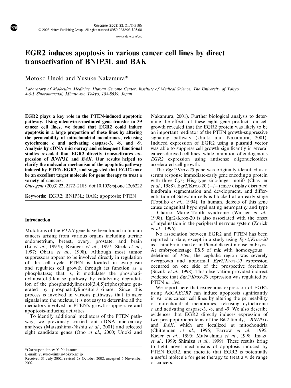 EGR2 Induces Apoptosis in Various Cancer Cell Lines by Direct Transactivation of BNIP3L and BAK