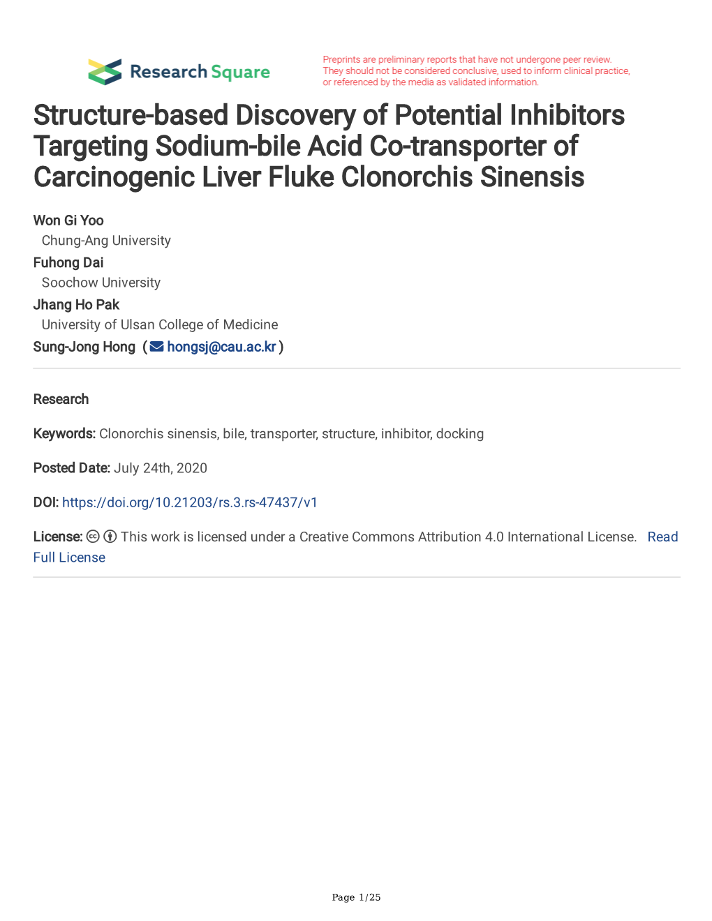 Structure-Based Discovery of Potential Inhibitors Targeting Sodium-Bile Acid Co-Transporter of Carcinogenic Liver Fluke Clonorchis Sinensis