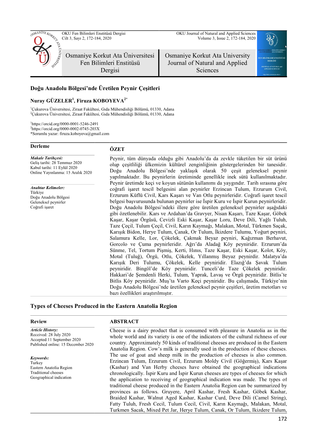 Osmaniye Korkut Ata Üniversitesi Fen Bilimleri Enstitüsü Dergisi Osmaniye Korkut Ata University Journal of Natural and Applie