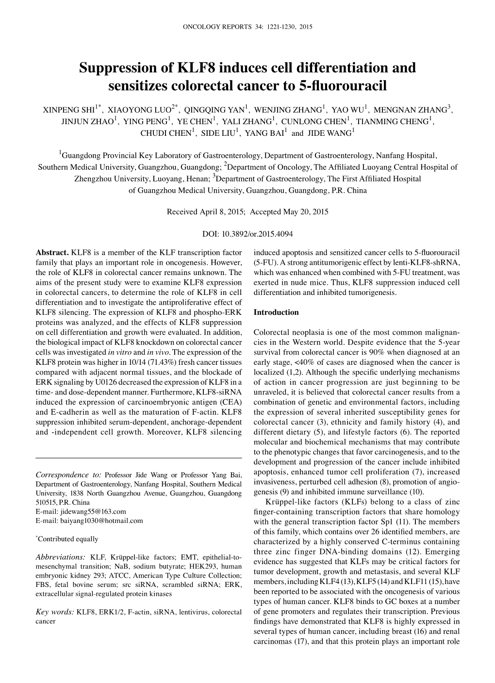 Suppression of KLF8 Induces Cell Differentiation and Sensitizes Colorectal Cancer to 5-Fluorouracil