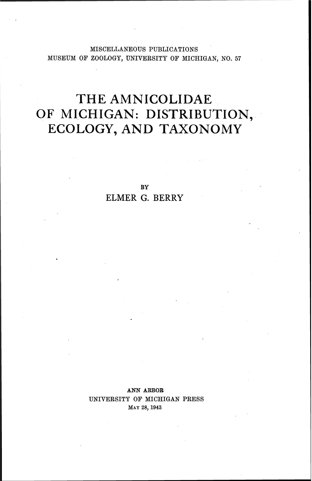 The Amnicolidae of Michigan: Distribution, Ecology, and Taxonomy