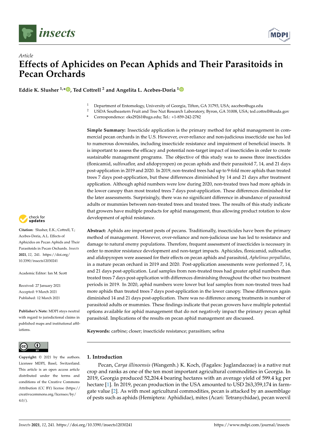 Effects of Aphicides on Pecan Aphids and Their Parasitoids in Pecan Orchards