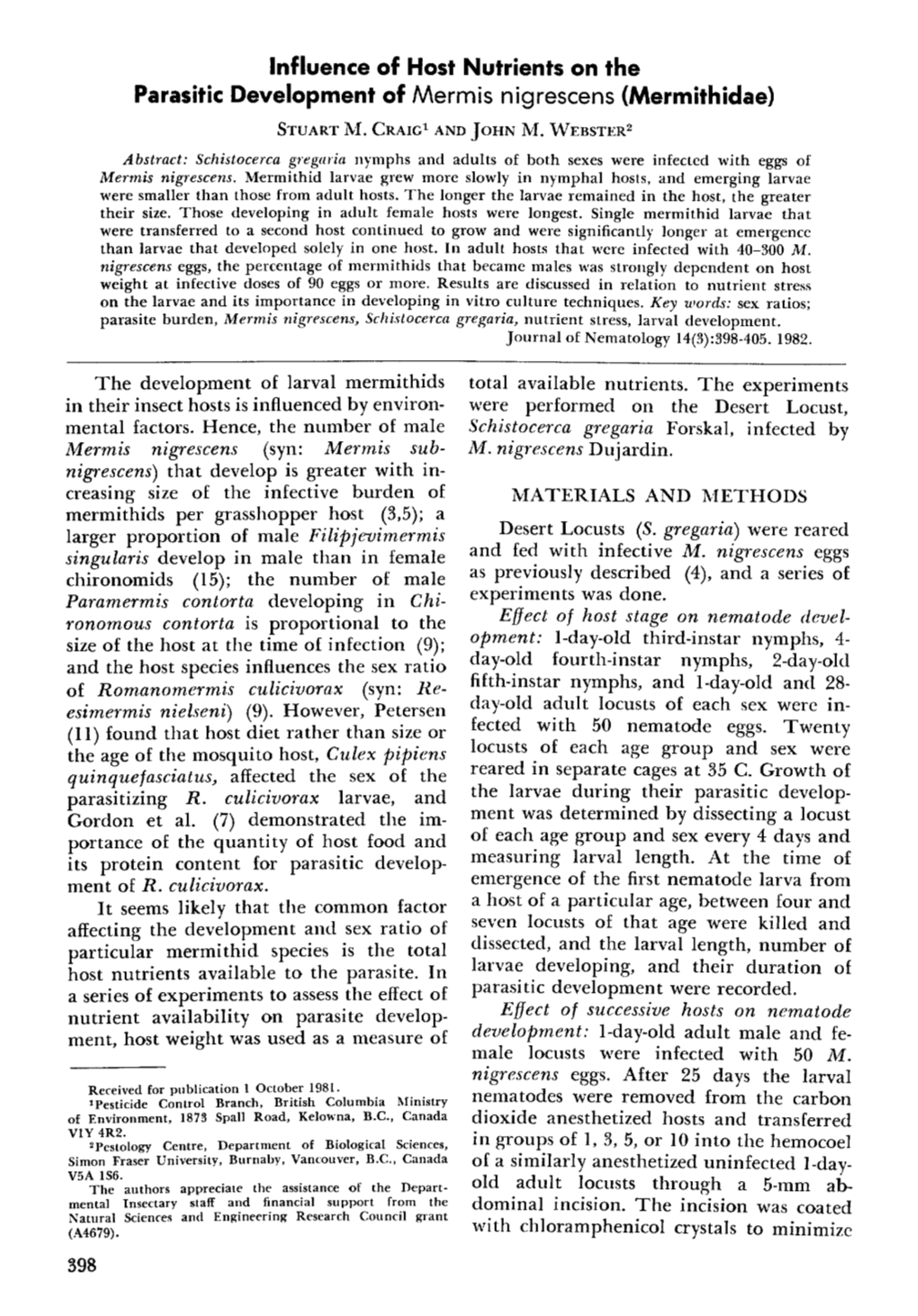 Influence of Host Nutrients on the Parasitic Development of Mermis Nigrescens (Mermithidae) STUART ~'~