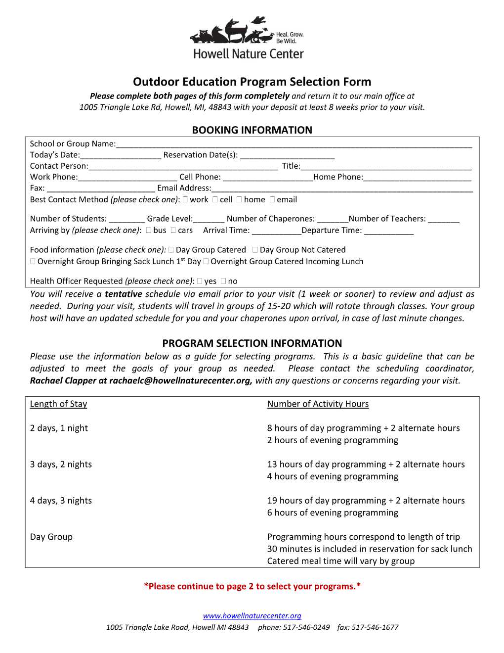 Outdoor Education Program Selection Form