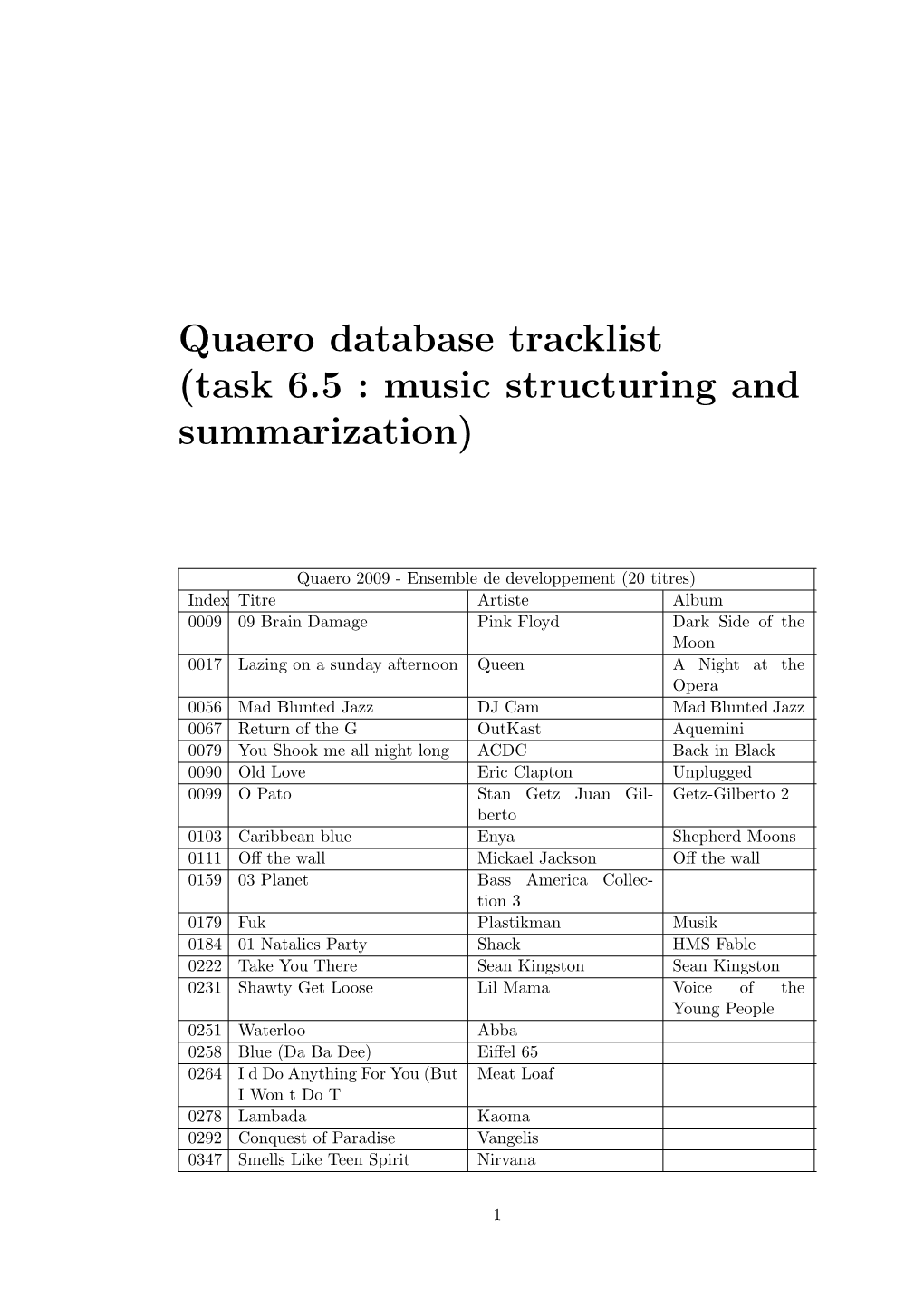 Quaero Database Tracklist (Task 6.5 : Music Structuring and Summarization)