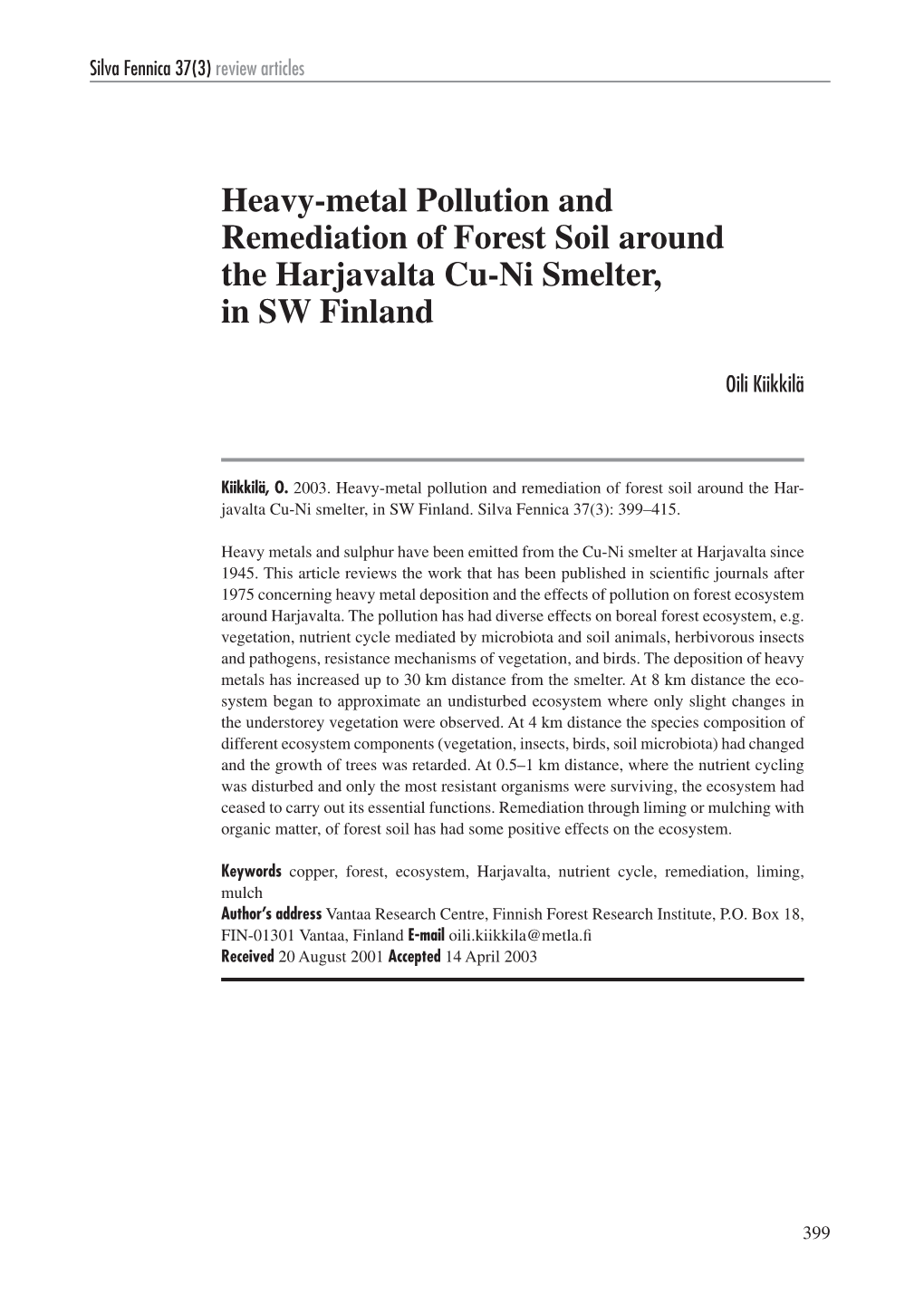 Heavy-Metal Pollution and Remediation of Forest Soil Around the Harjavalta Cu-Ni Smelter, in SW Finland