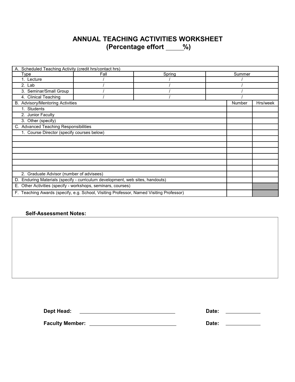 TEACHING (Percentage Effort ___%) Designate (NA), If Not Applicable