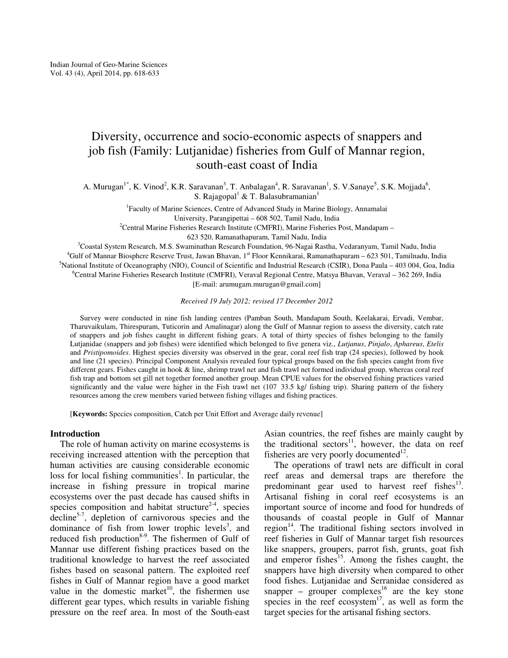 Diversity, Occurrence and Socio-Economic Aspects of Snappers and Job Fish (Family: Lutjanidae) Fisheries from Gulf of Mannar Region, South-East Coast of India