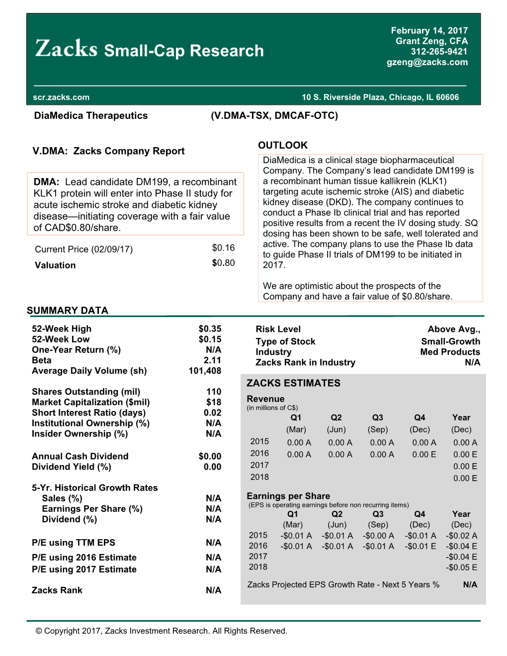 Small-Cap Research 312-265-9421 Gzeng@Zacks.Com