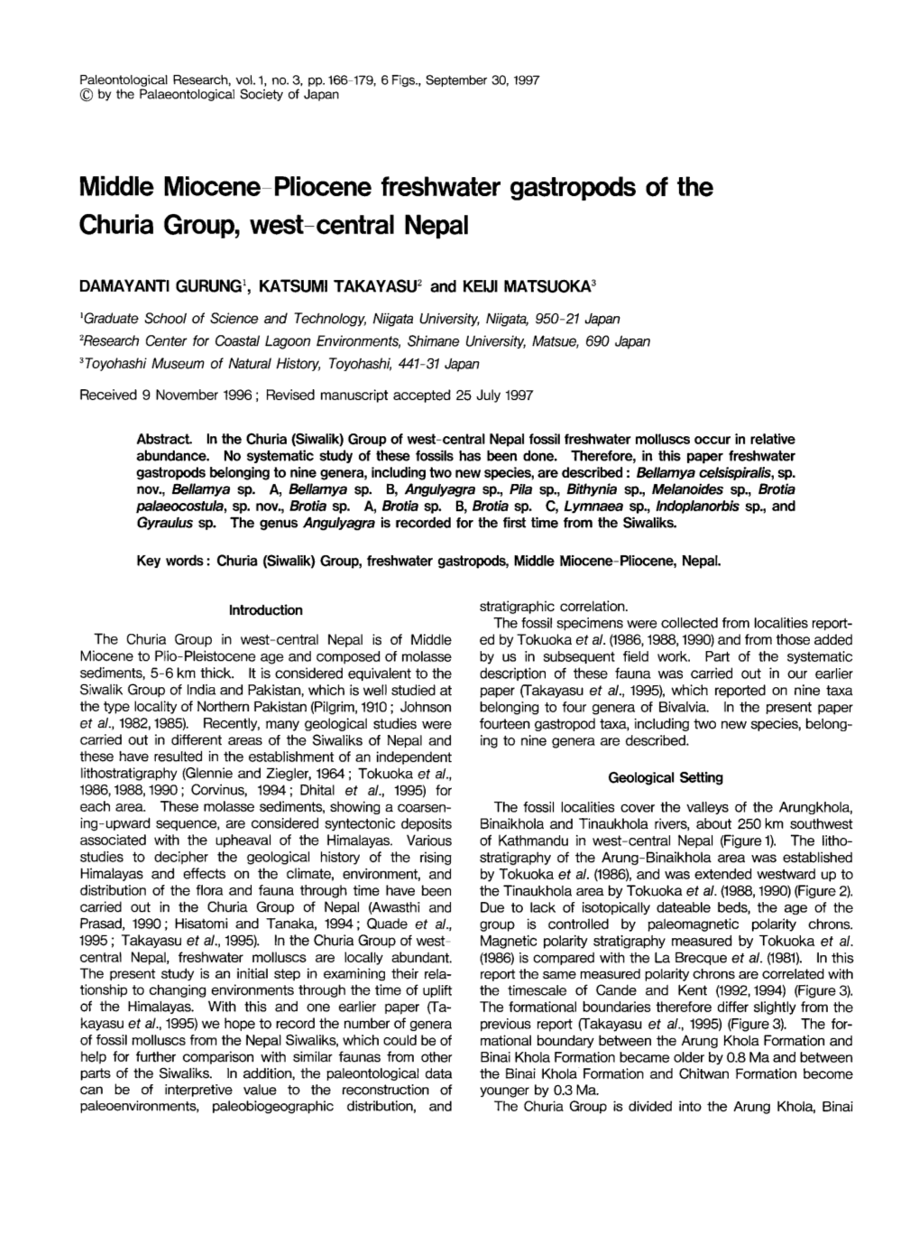 Middle Miocene-Pliocene Freshwater Gastropods of the Churia Group, West-Central Nepal