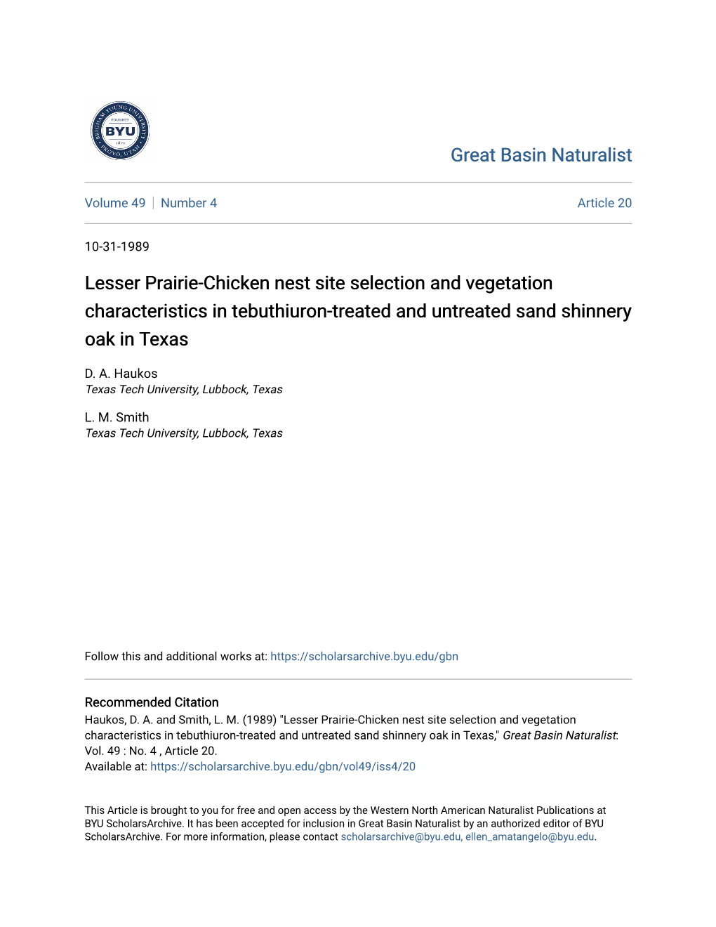 Lesser Prairie-Chicken Nest Site Selection and Vegetation Characteristics in Tebuthiuron-Treated and Untreated Sand Shinnery Oak in Texas