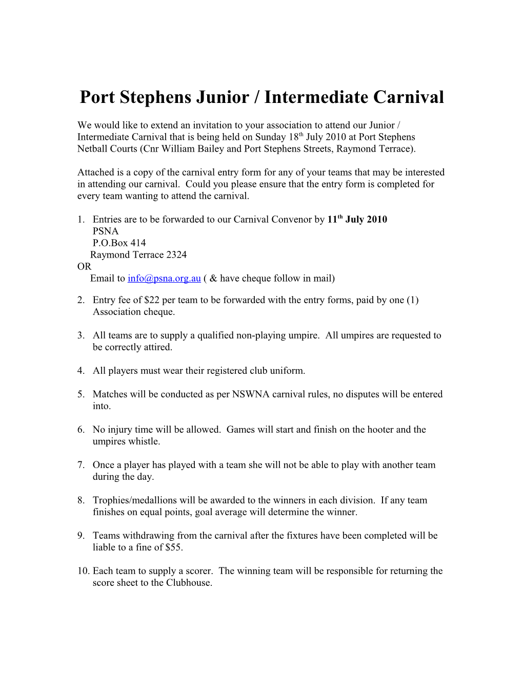 Port Stephens Junior / Intermediate Carnival