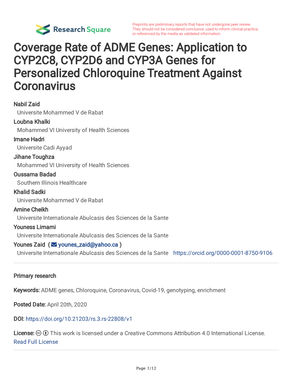 Coverage Rate of ADME Genes: Application to CYP2C8, CYP2D6 and CYP3A Genes for Personalized Chloroquine Treatment Against Coronavirus